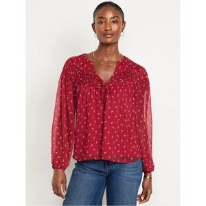 Old Navy Tie Front Chiffon Top Red Micro Flower Print XL Fall 2024